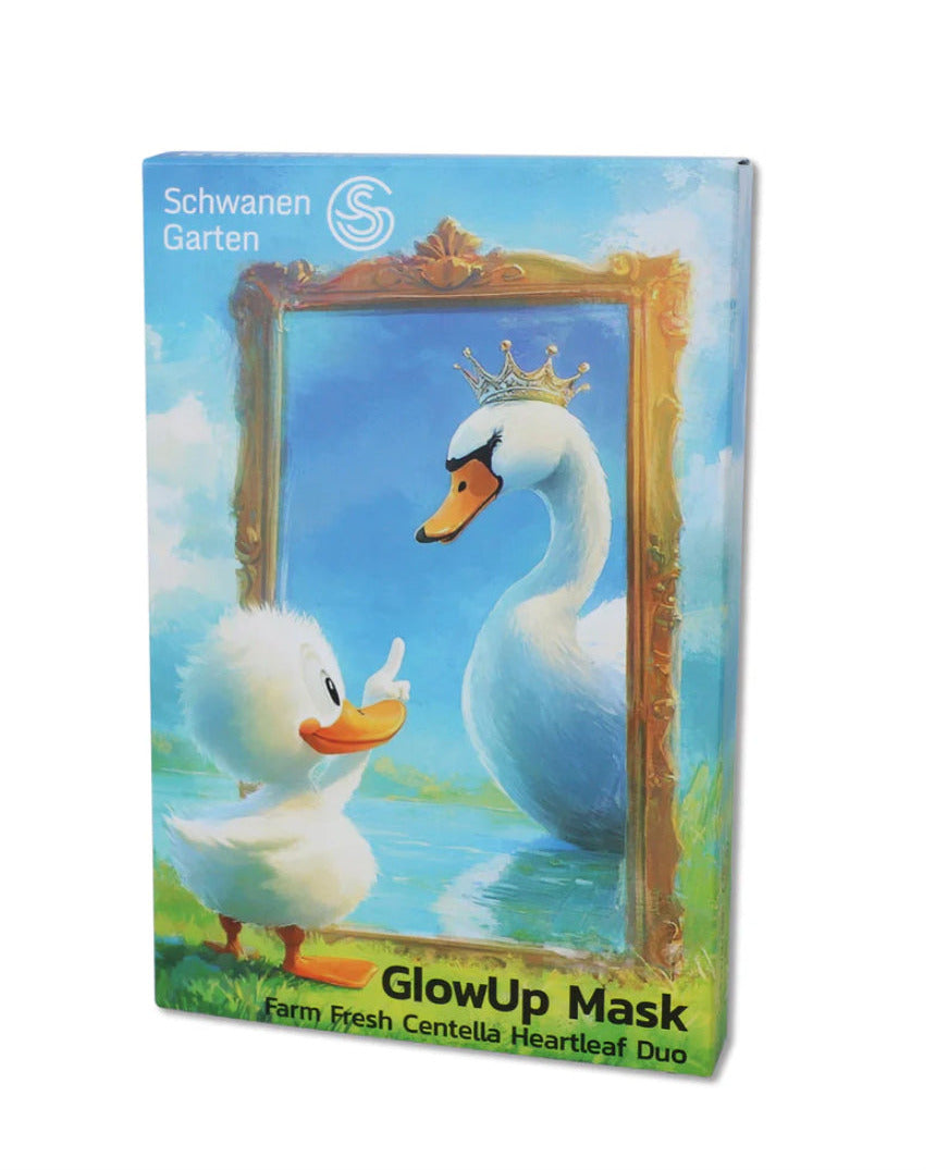 Boîte du Glow Up Mask à la Centella Asiatica et Heartleaf de Schwanen Garten, masque visage apaisant et hydratant post-procédures