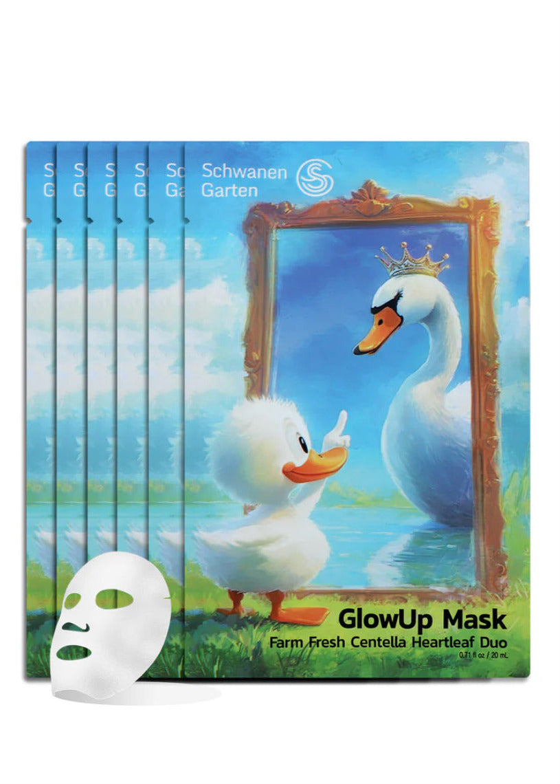 Boîte du Glow Up Mask à la Centella Asiatica et Heartleaf de Schwanen Garten, masque visage apaisant et hydratant post-procédures