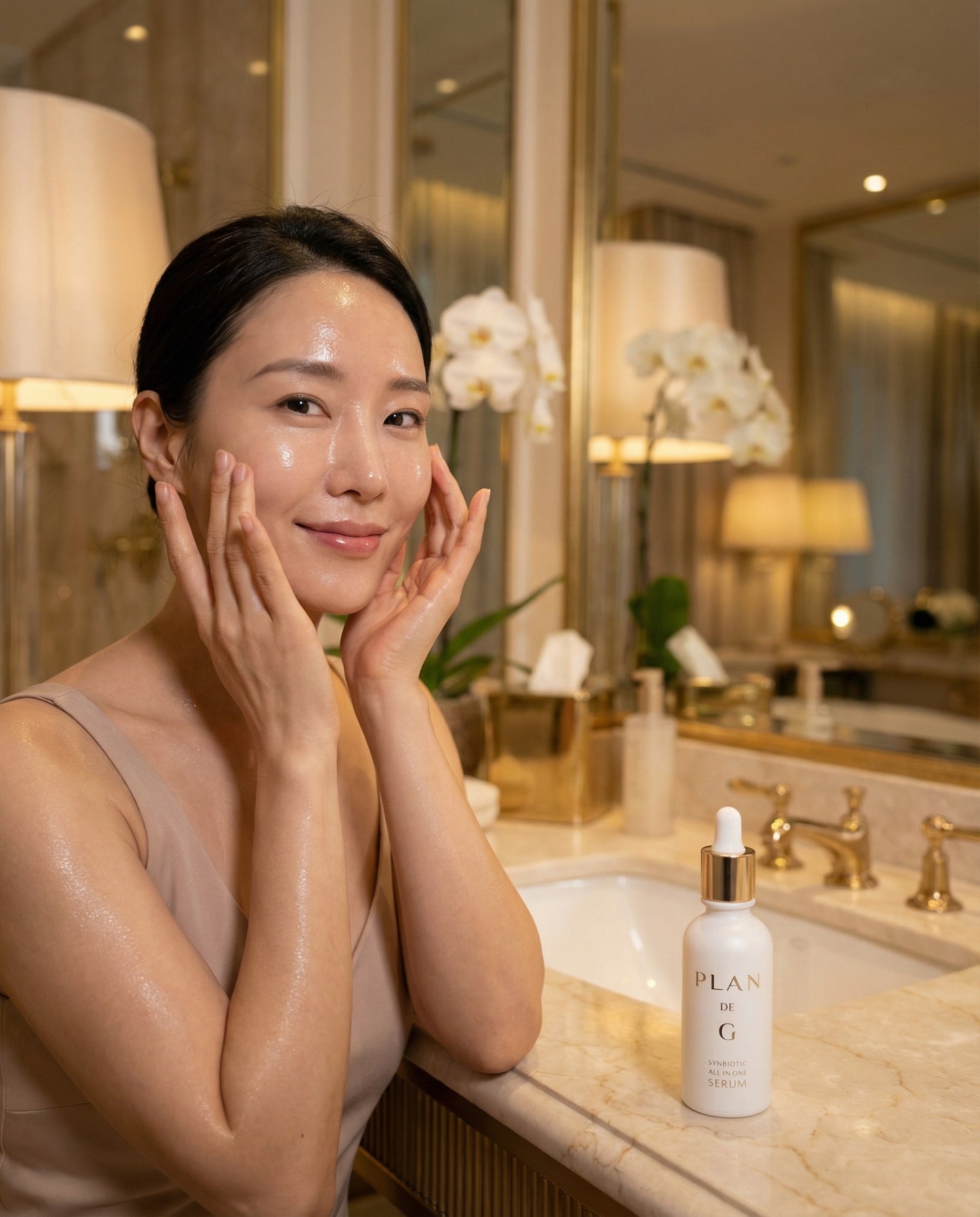 Mannequin appliquant le sérum coréen Plan de G Synbiotic All-in-One Serum sur le visage pour une peau lumineuse et hydratée